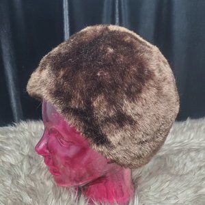 Vtg. 1950s-60's Brown Faux Fur Cap Made in England European Style 22.75"